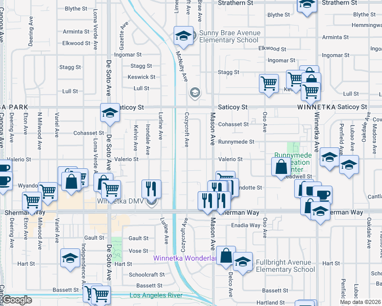 map of restaurants, bars, coffee shops, grocery stores, and more near 7410 Cozycroft Avenue in Los Angeles