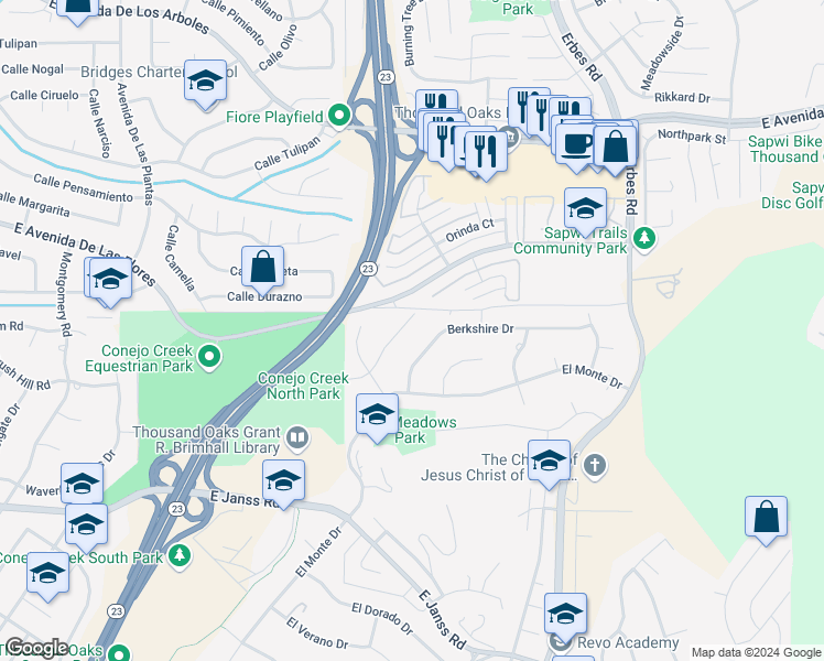 map of restaurants, bars, coffee shops, grocery stores, and more near 1674 Fremont Drive in Thousand Oaks