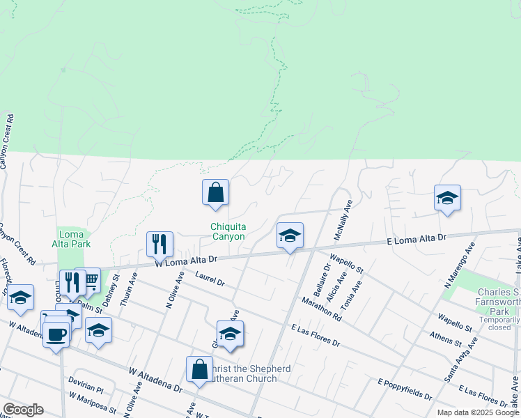 map of restaurants, bars, coffee shops, grocery stores, and more near 3660 Leilani Way in Altadena