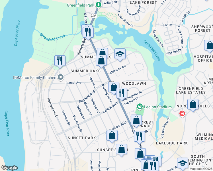 map of restaurants, bars, coffee shops, grocery stores, and more near 408 Northern Boulevard in Wilmington