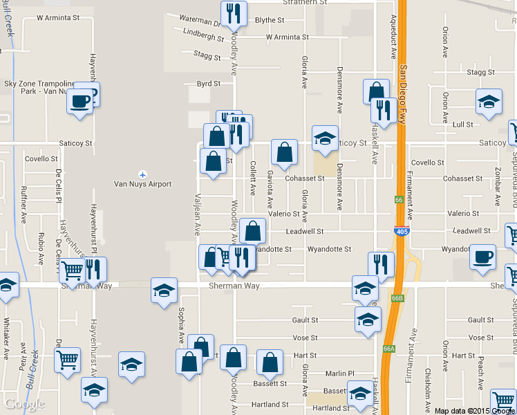 map of restaurants, bars, coffee shops, grocery stores, and more near 7406 Collett Avenue in Los Angeles