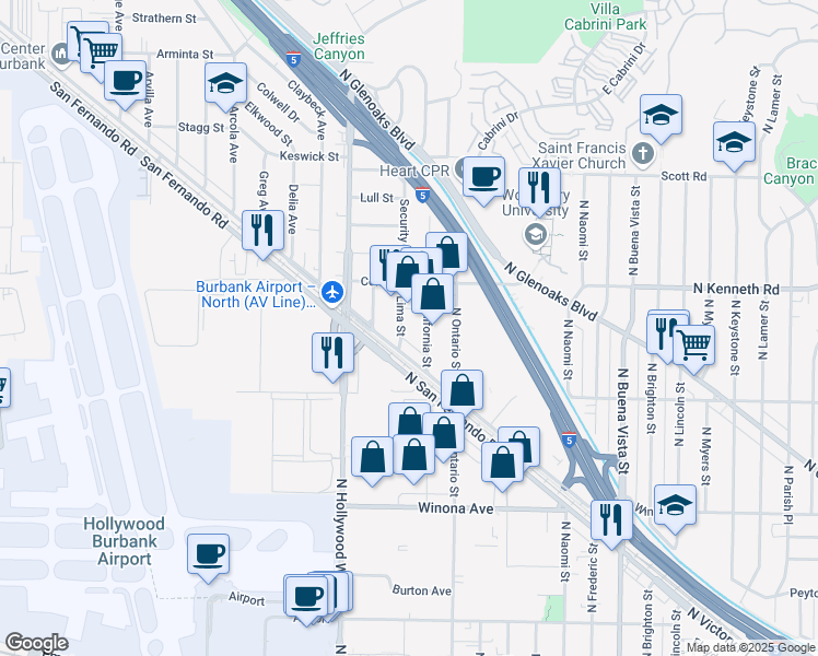 map of restaurants, bars, coffee shops, grocery stores, and more near 3058 Lima Street in Burbank