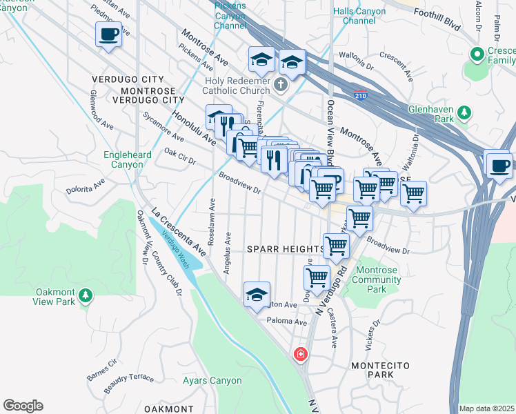 map of restaurants, bars, coffee shops, grocery stores, and more near 3611 Las Palmas Avenue in Glendale