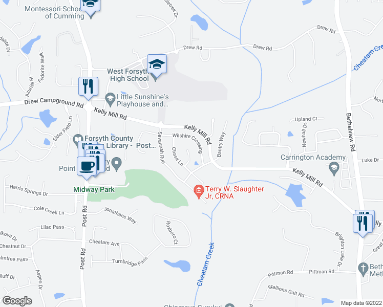 map of restaurants, bars, coffee shops, grocery stores, and more near 5050 Lloyd Lane in Cumming