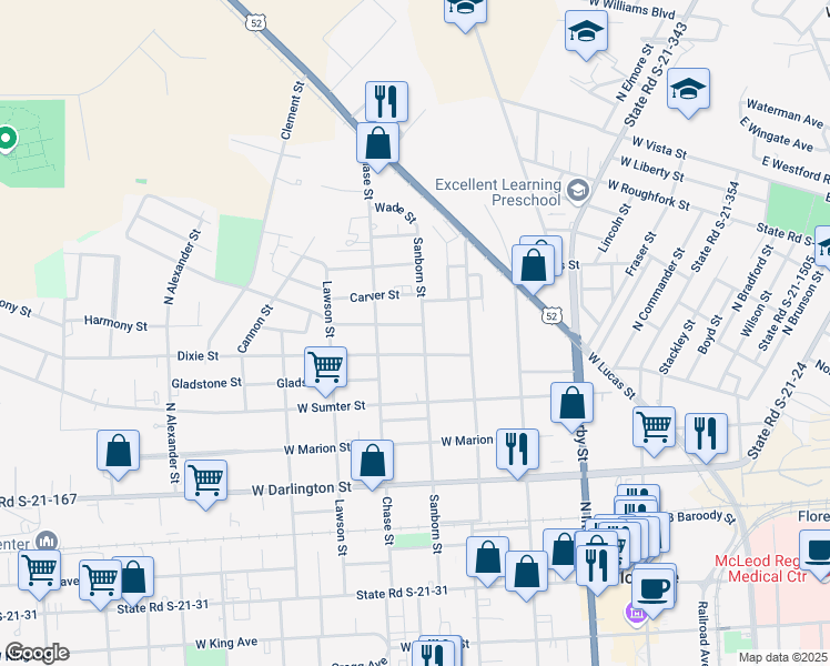 map of restaurants, bars, coffee shops, grocery stores, and more near 600 Sanborn Street in Florence