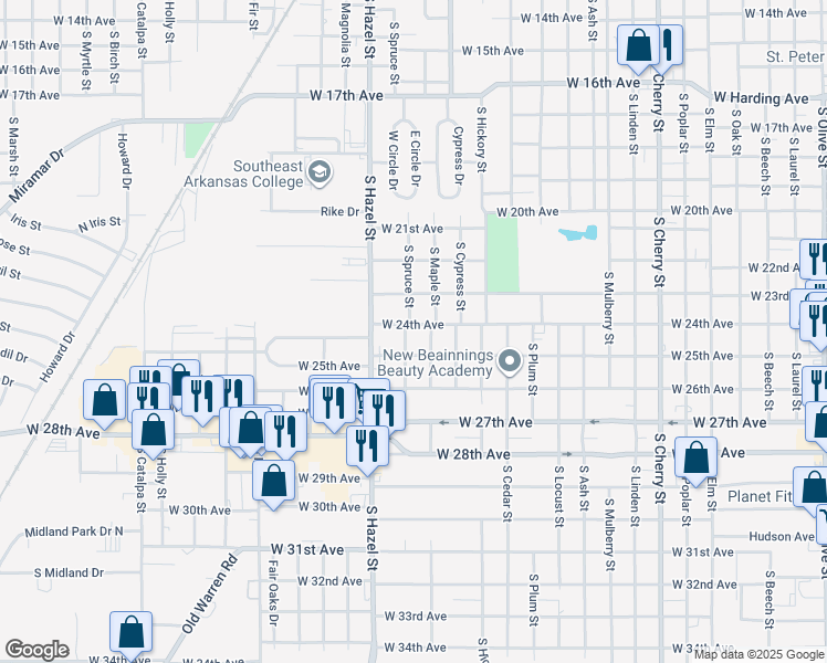 map of restaurants, bars, coffee shops, grocery stores, and more near 2100 West 25th Avenue in Pine Bluff