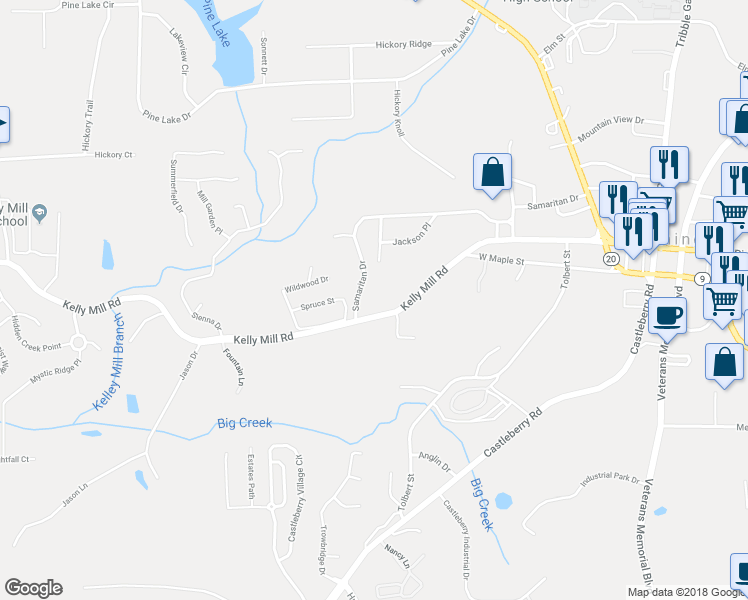 map of restaurants, bars, coffee shops, grocery stores, and more near 339 Kelly Mill Road in Cumming