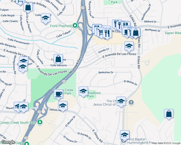 map of restaurants, bars, coffee shops, grocery stores, and more near 1674 Fremont Drive in Thousand Oaks
