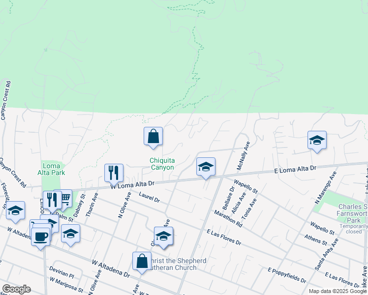 map of restaurants, bars, coffee shops, grocery stores, and more near 3660 Leilani Way in Altadena