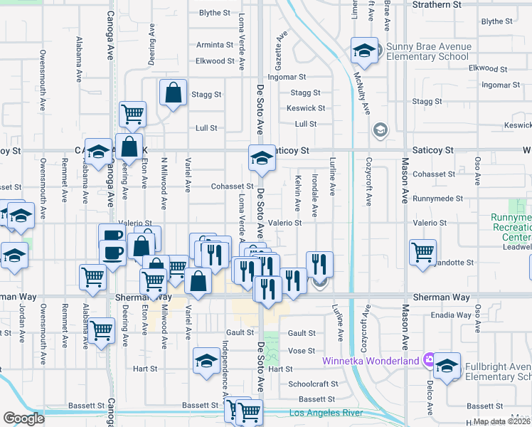 map of restaurants, bars, coffee shops, grocery stores, and more near 20854 Runnymede Street in Los Angeles