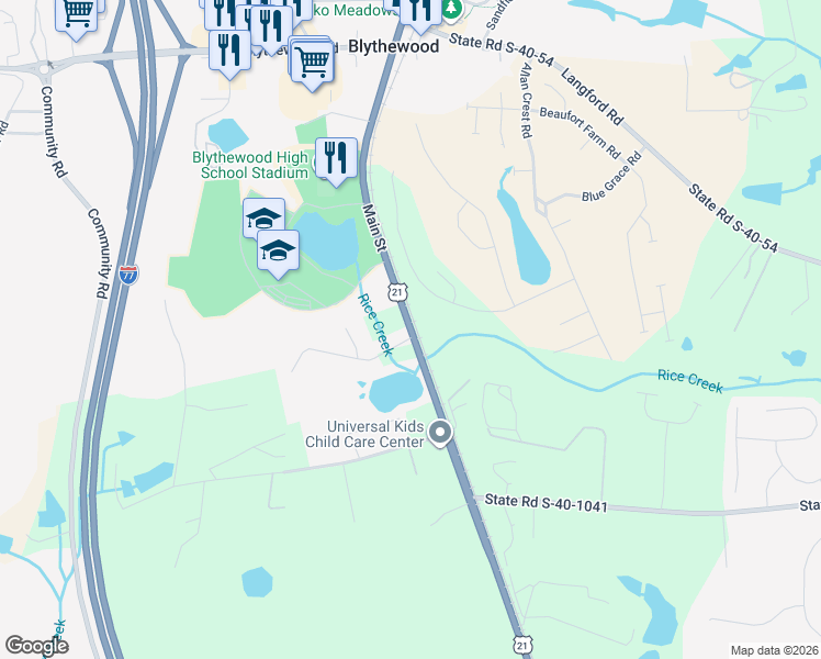 map of restaurants, bars, coffee shops, grocery stores, and more near 10826 Wilson Boulevard in Blythewood