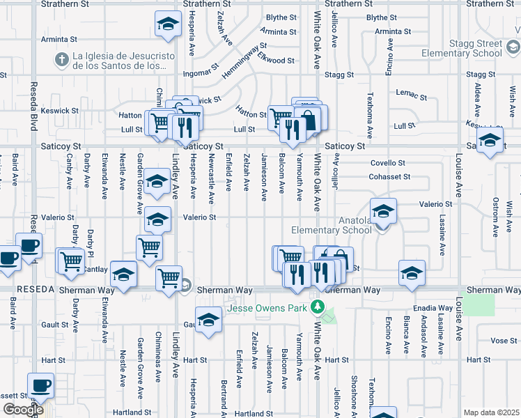 map of restaurants, bars, coffee shops, grocery stores, and more near 7411 Jamieson Avenue in Los Angeles
