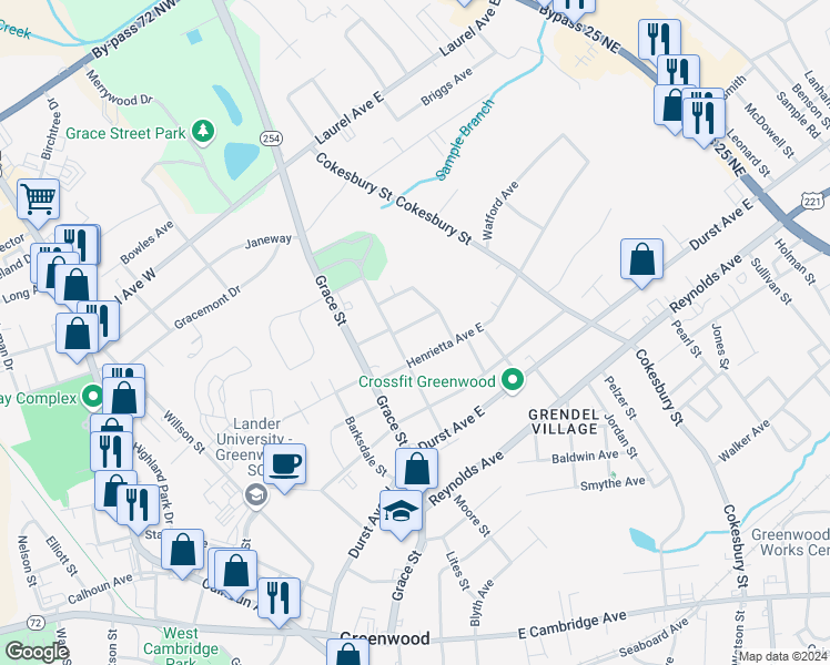 map of restaurants, bars, coffee shops, grocery stores, and more near 224 Grace Terrace in Greenwood