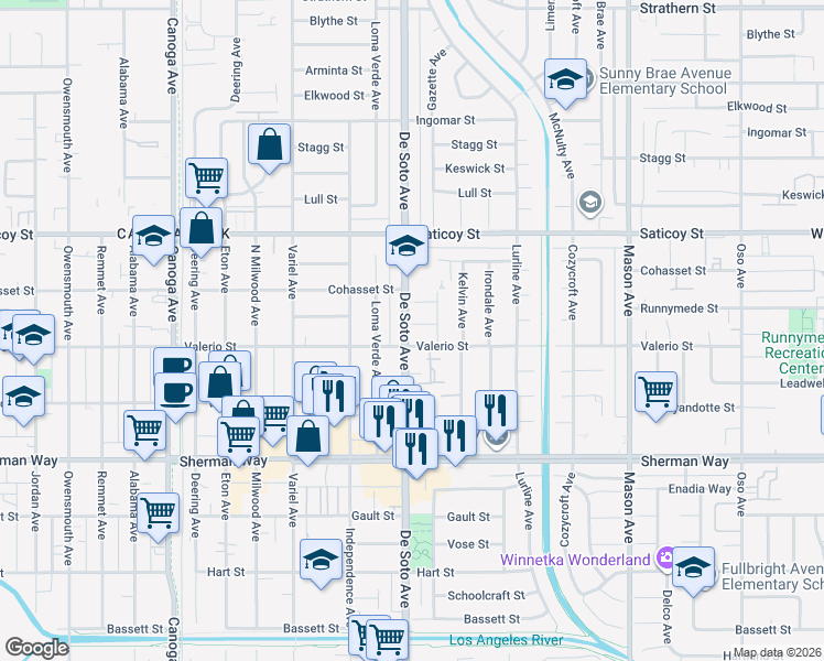map of restaurants, bars, coffee shops, grocery stores, and more near 20854 Runnymede Street in Los Angeles