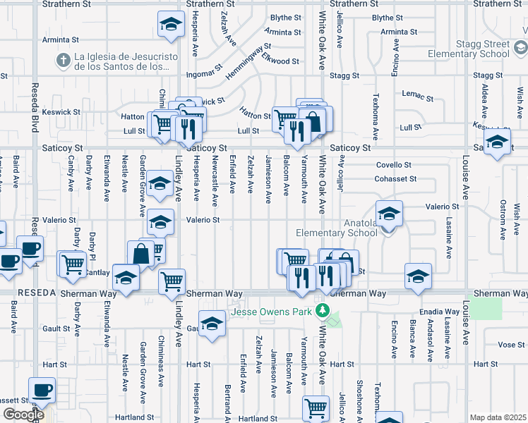 map of restaurants, bars, coffee shops, grocery stores, and more near 7411 Jamieson Avenue in Los Angeles