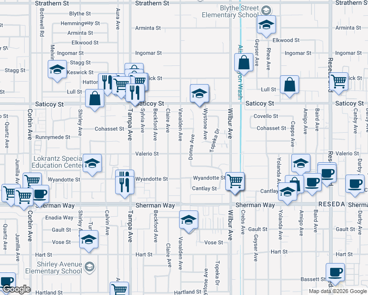 map of restaurants, bars, coffee shops, grocery stores, and more near 7353 Vanalden Avenue in Los Angeles