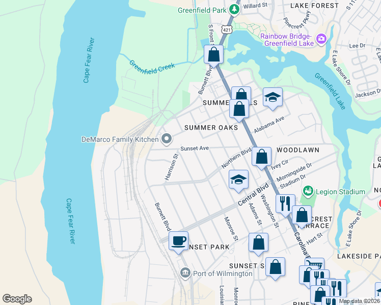 map of restaurants, bars, coffee shops, grocery stores, and more near 1928 Monroe Street in Wilmington