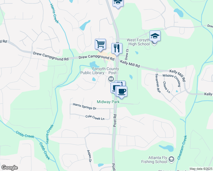 map of restaurants, bars, coffee shops, grocery stores, and more near 3575 Ballybandon Court in Cumming