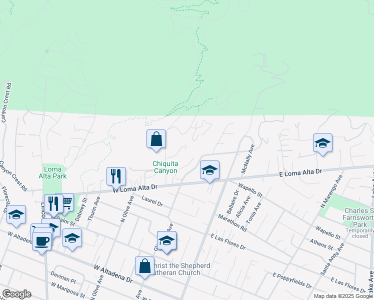 map of restaurants, bars, coffee shops, grocery stores, and more near 3660 Leilani Way in Altadena