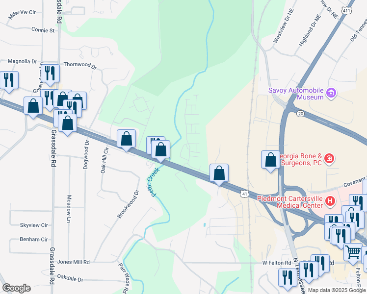 map of restaurants, bars, coffee shops, grocery stores, and more near 111 Lipscomb Circle Southeast in Cartersville