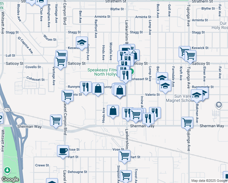 map of restaurants, bars, coffee shops, grocery stores, and more near 7355 Lankershim Boulevard in Los Angeles