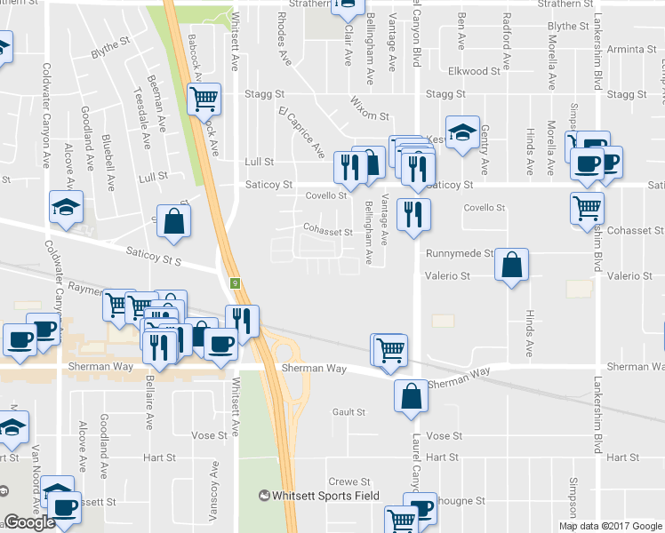 map of restaurants, bars, coffee shops, grocery stores, and more near 12302 Runnymede Street in Los Angeles