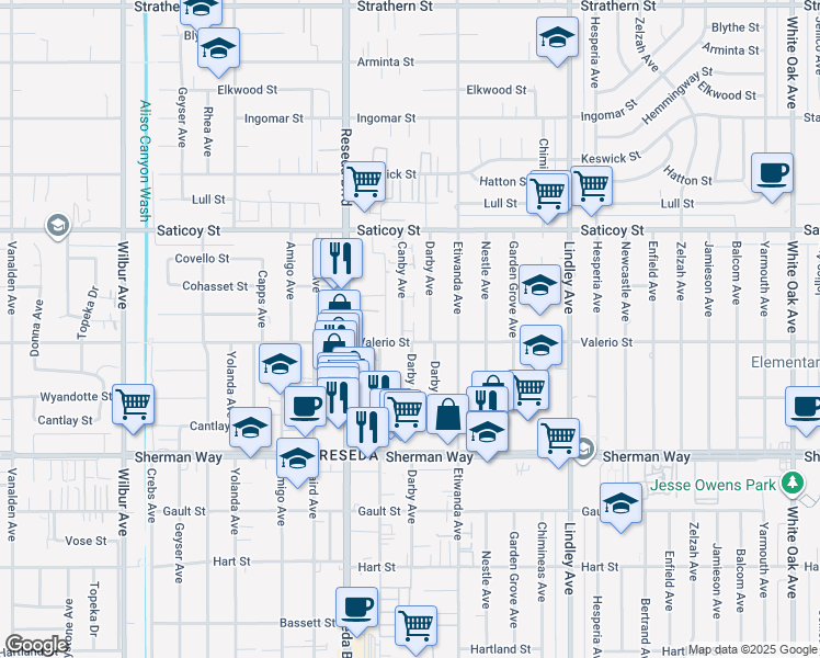 map of restaurants, bars, coffee shops, grocery stores, and more near 7357 Darby Place in Los Angeles