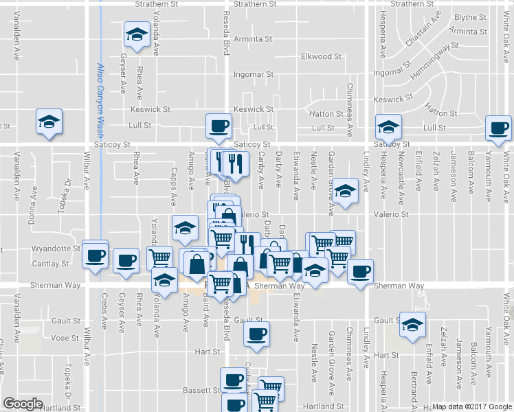 map of restaurants, bars, coffee shops, grocery stores, and more near 18400 Valerio Street in Los Angeles