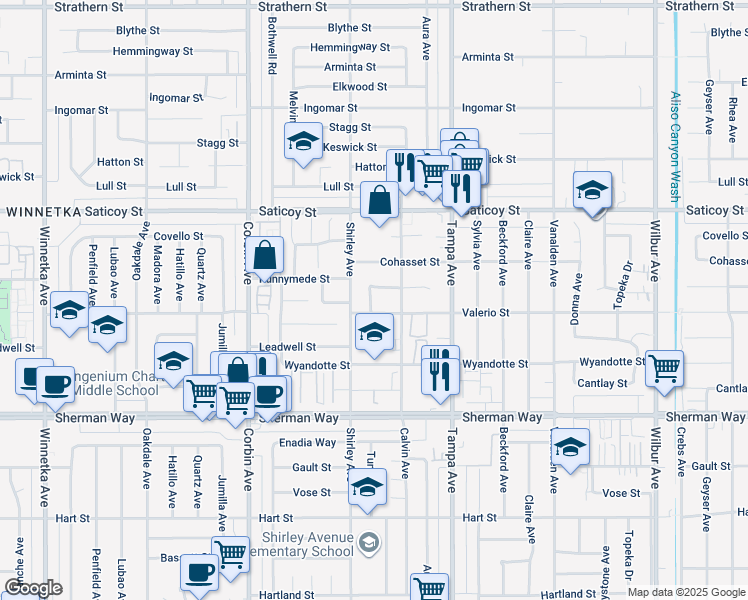 map of restaurants, bars, coffee shops, grocery stores, and more near 19424 Valerio Street in Los Angeles