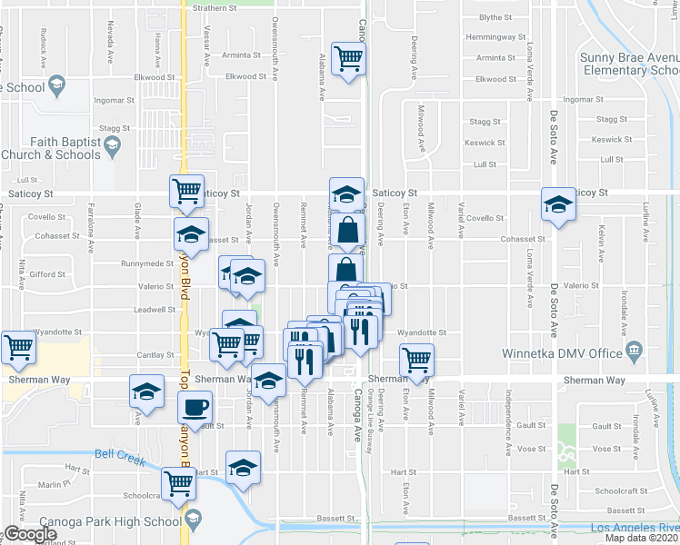 map of restaurants, bars, coffee shops, grocery stores, and more near 7358 Alabama Avenue in Los Angeles
