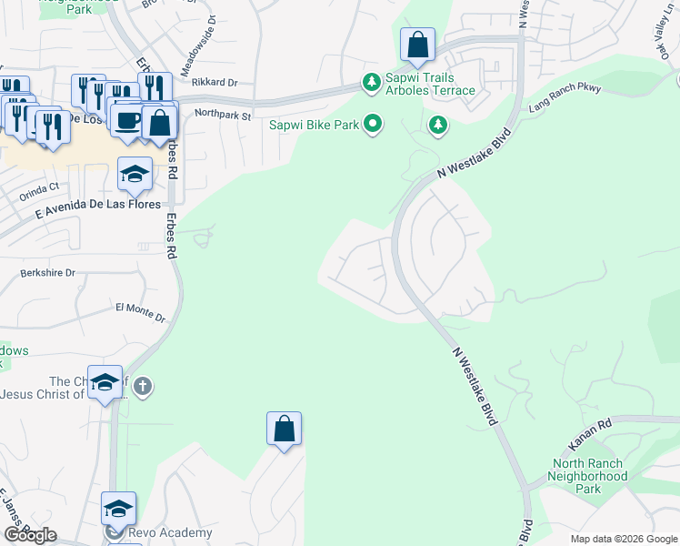 map of restaurants, bars, coffee shops, grocery stores, and more near 2504 Featherwood Street in Westlake Village