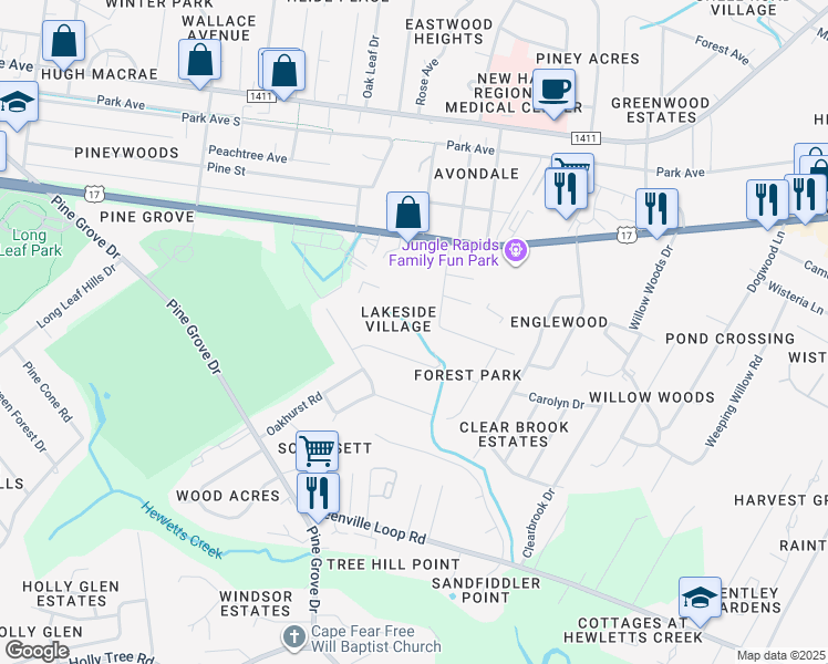 map of restaurants, bars, coffee shops, grocery stores, and more near 433 Arbor Way in Wilmington