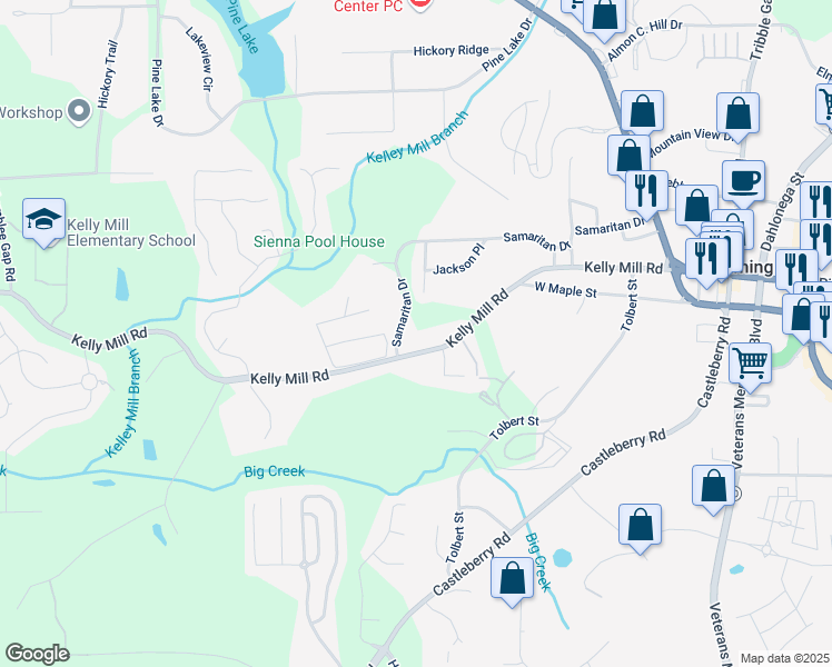 map of restaurants, bars, coffee shops, grocery stores, and more near 339 Kelly Mill Road in Cumming