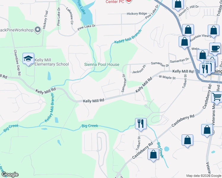map of restaurants, bars, coffee shops, grocery stores, and more near 108 Spruce Street in Cumming
