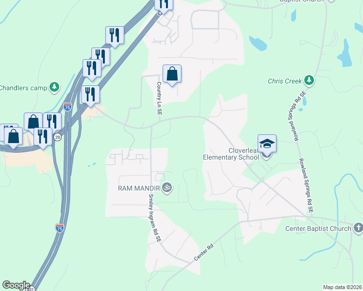 map of restaurants, bars, coffee shops, grocery stores, and more near 144 Georgia 20 Spur in Cartersville