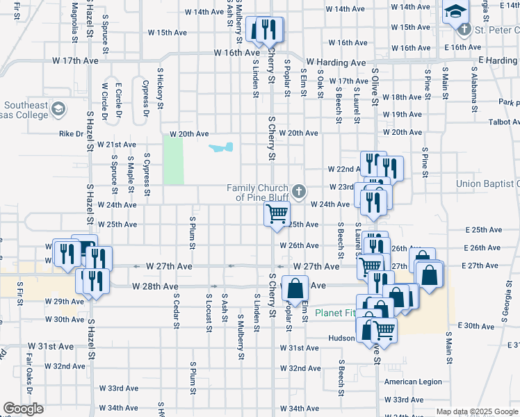 map of restaurants, bars, coffee shops, grocery stores, and more near 2420 South Linden Street in Pine Bluff