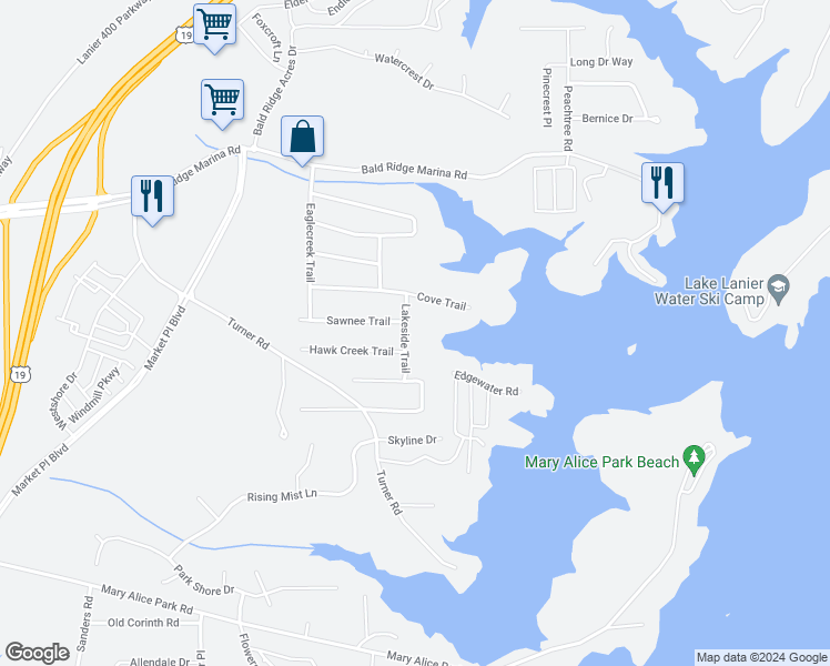map of restaurants, bars, coffee shops, grocery stores, and more near 2325 Lakeside Trail in Cumming