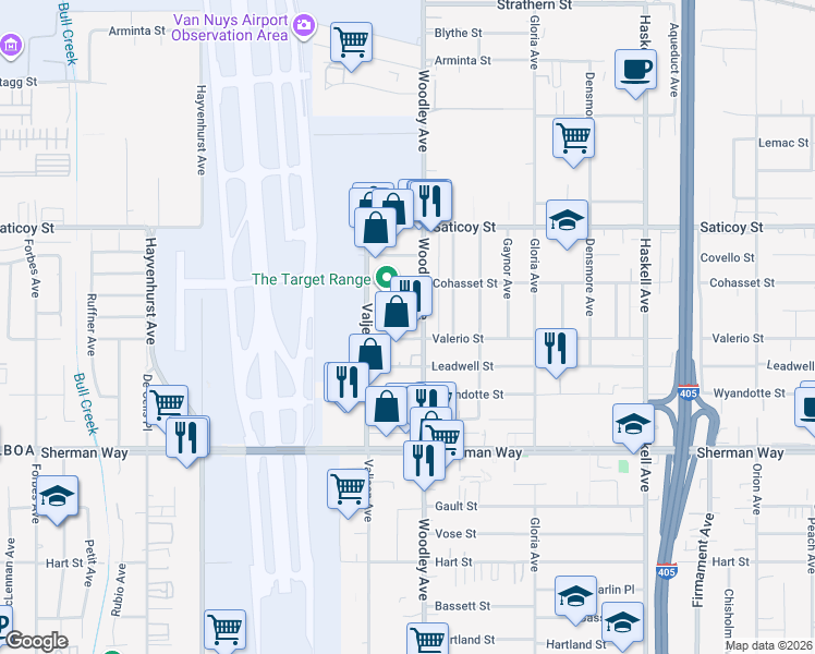 map of restaurants, bars, coffee shops, grocery stores, and more near 16134 Valerio Street in Los Angeles