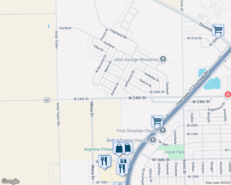 map of restaurants, bars, coffee shops, grocery stores, and more near 3801-3899 West 24th Street in Plainview