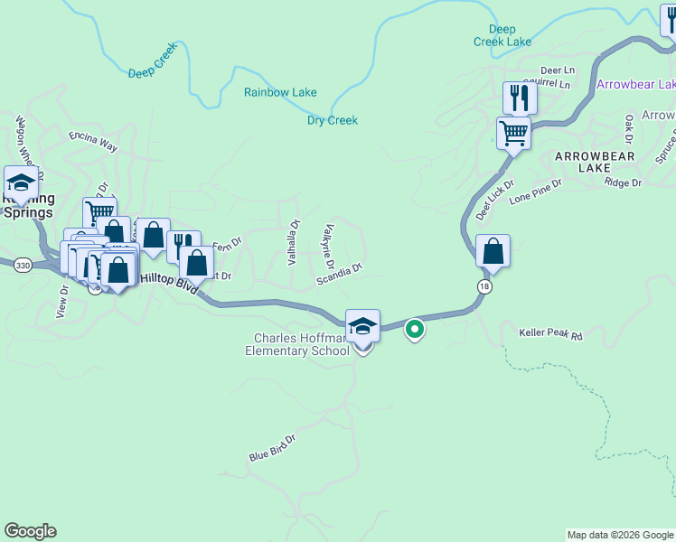 map of restaurants, bars, coffee shops, grocery stores, and more near 2720 Valkyrie Drive in Running Springs