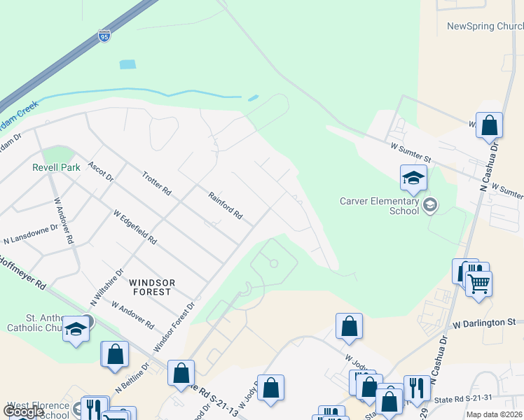 map of restaurants, bars, coffee shops, grocery stores, and more near 2494 Abbey Way in Florence