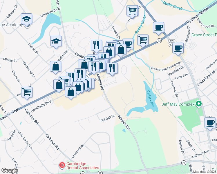 map of restaurants, bars, coffee shops, grocery stores, and more near 1004 Mathis Road in Greenwood