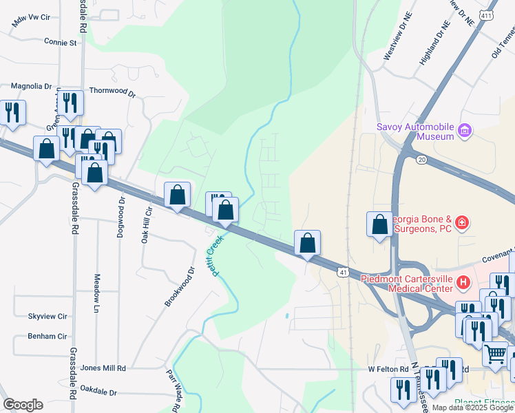 map of restaurants, bars, coffee shops, grocery stores, and more near 111 Lipscomb Circle Southeast in Cartersville