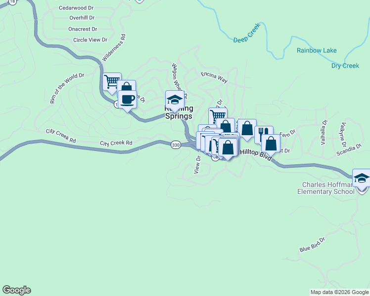 map of restaurants, bars, coffee shops, grocery stores, and more near Loma Drive in Running Springs