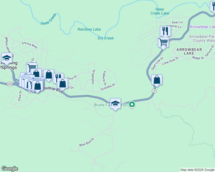 map of restaurants, bars, coffee shops, grocery stores, and more near 32490 Scandia Drive in Running Springs