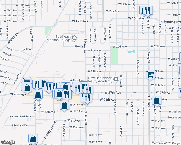 map of restaurants, bars, coffee shops, grocery stores, and more near 2100 West 25th Avenue in Pine Bluff