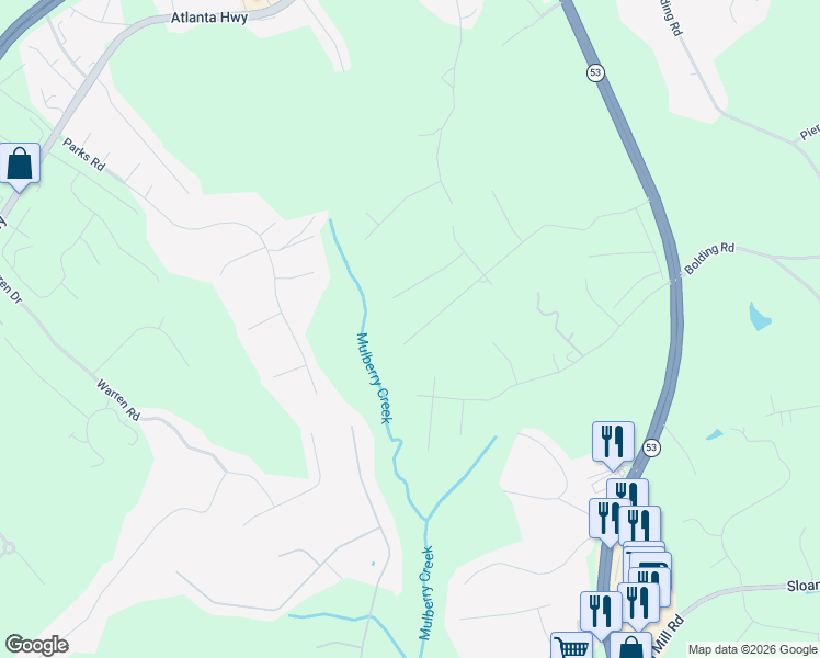 map of restaurants, bars, coffee shops, grocery stores, and more near 3855 Valley Creek Drive in Flowery Branch