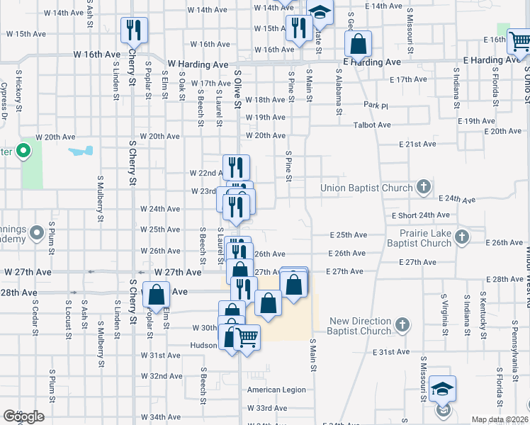 map of restaurants, bars, coffee shops, grocery stores, and more near 2505 South Olive Street in Pine Bluff