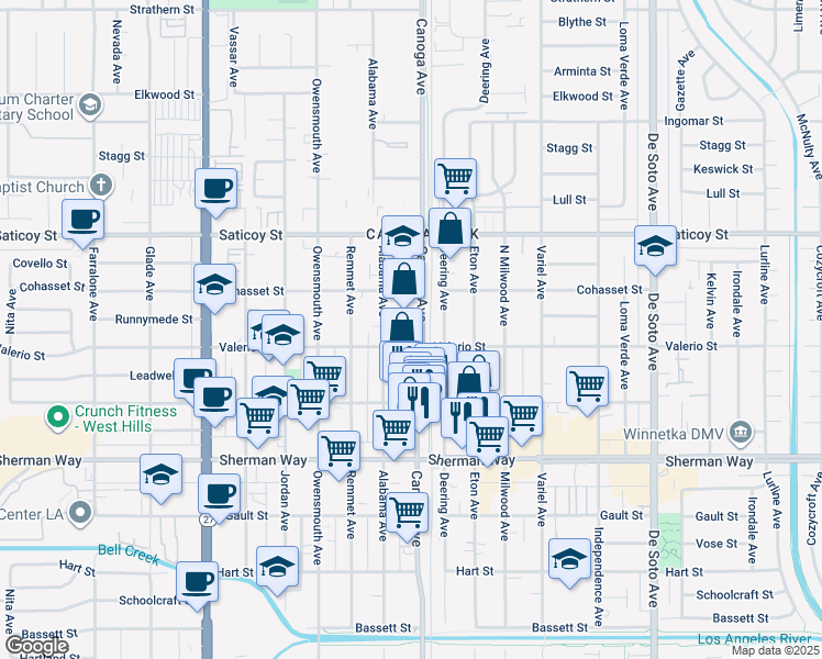 map of restaurants, bars, coffee shops, grocery stores, and more near 21410 Valerio Street in Los Angeles