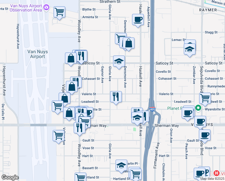 map of restaurants, bars, coffee shops, grocery stores, and more near 15852 Valerio Street in Los Angeles